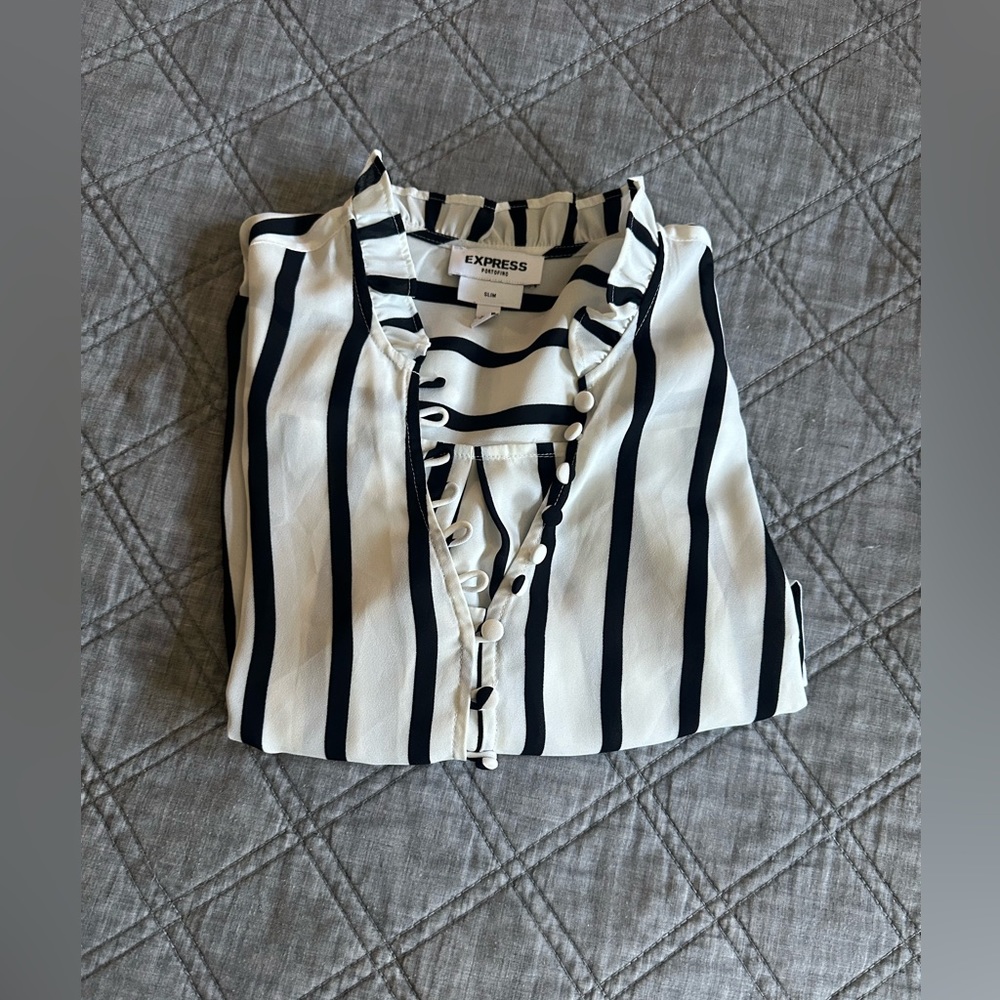 Express Slim Striped Button Down Ruffle Collar - image 2